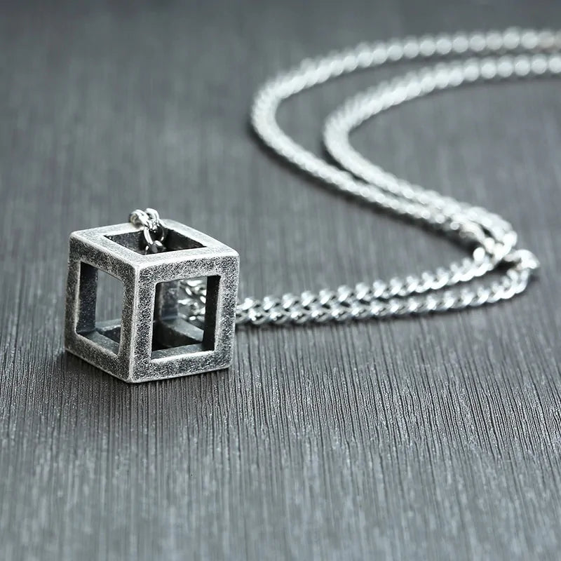 Retro Hollow Cube Pendant Necklace