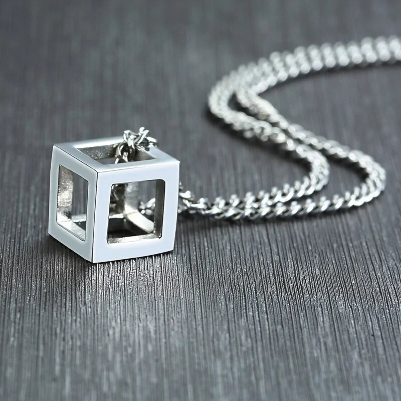 Retro Hollow Cube Pendant Necklace